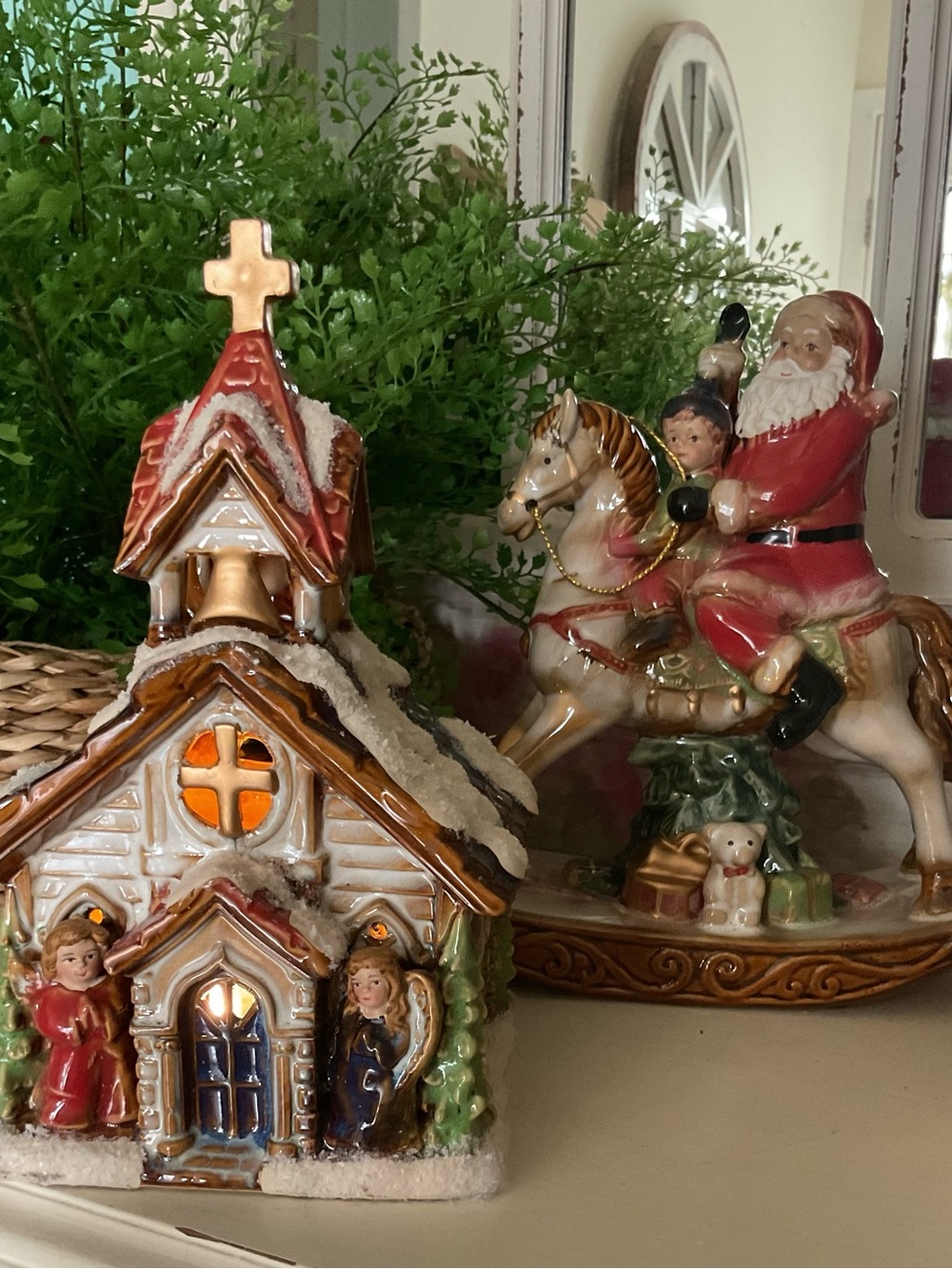 IlluminatedCeramic Christmas Church Decor in White and Red - Holiday Home Accent